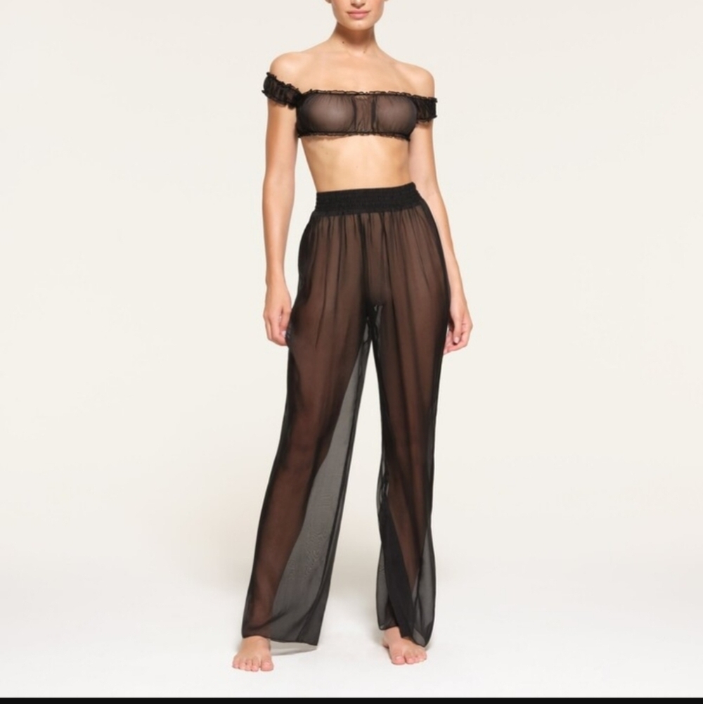 SKIMS Size L Romance Chiffon Smocked Pant Onyx Black Silk Coverup Pants NWT - Picture 1 of 5